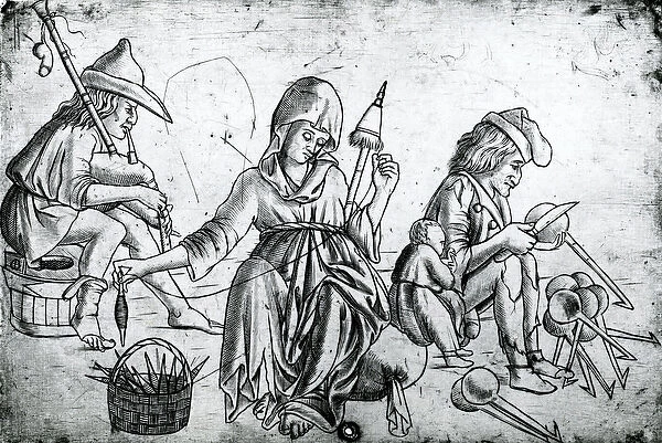 Scene with a musician playing the bagpipes, a woman spinning and a man carving spoons