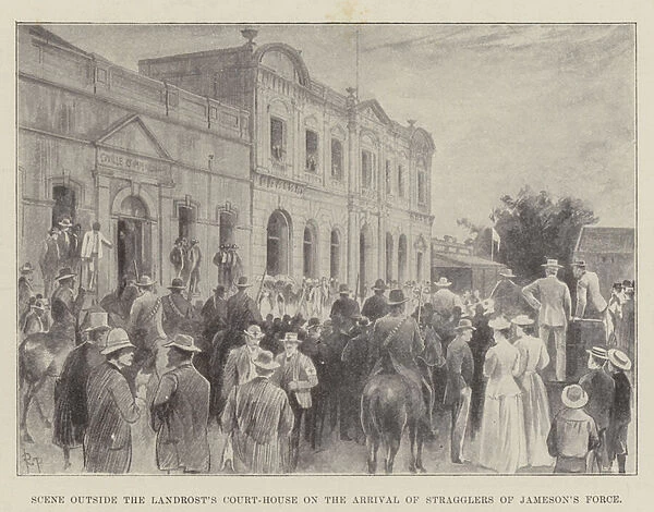 Scene outside the Landrosts Court-House on the Arrival of Stragglers of Jamesons Force (litho)