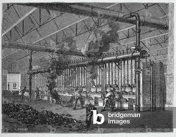 Science. Energy. Distillation of the coal in the gas plant of La Villette, Paris. Engraving in: Grands hommes et grands faits de l'industrie, France, c.1880 (engraving)