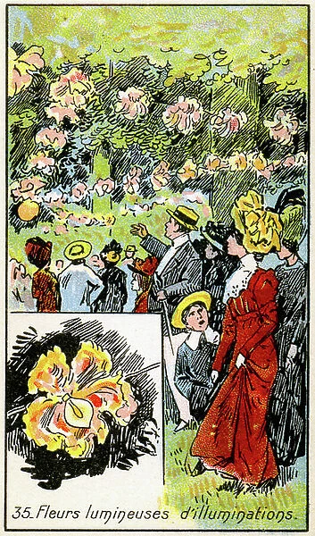 Science. Energy. Flower lights in a park. Imagery from a series on the wonder of electricity, France, c.1910