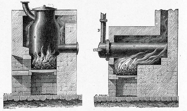 Science. Energy. Machine for the distillation of the coal, invented by the scottish engineer William Murdoch (Murdock). Engraving in: Grands hommes et grands faits de l'industrie, France, c.1880 (engraving)
