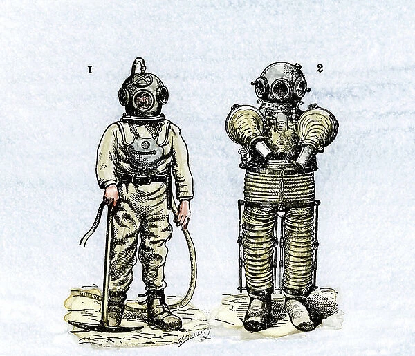 Two scuba divers: on the left, old equipment and on the right, modern. Engraving around 1890 Diving gear: old style (left) and mannequin with new gear, c. 1890 France. Hand-colored woodcut of a 19th century illustration