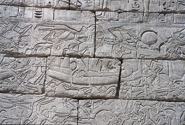 The Sea People, Naval Battle of Ramses III, Medinet Habu, 1195-64 BC (stone)