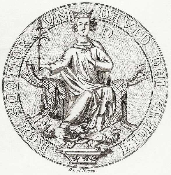Seal of David II, 1324 - 1371. King of Scots. From Iconographia Scotica or Portraits of Illustrious Persons of Scotland, published 1797