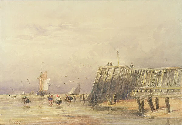 Seascape with Sailing Barges and Figures Wading Off-Shore, 1832 (w  /  c on paper)