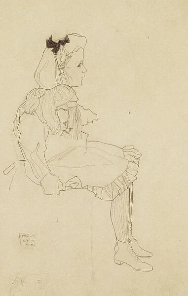 Seated Girl with a Bow in her Hair, 1909 (pencil on gray paper)