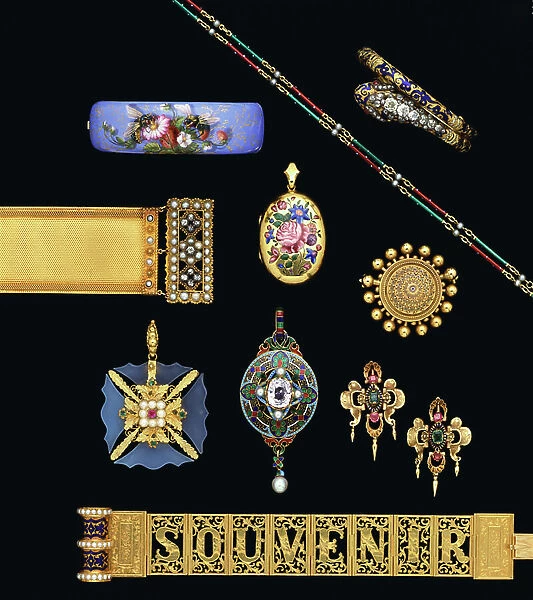 A selection of Victorian diamond, gold and enamel jewellery (diamond, gold, enamel)
