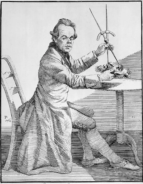 Self Portrait holding callipers over a mask, c. 1768-70 (engraving) (b  /  w photo)
