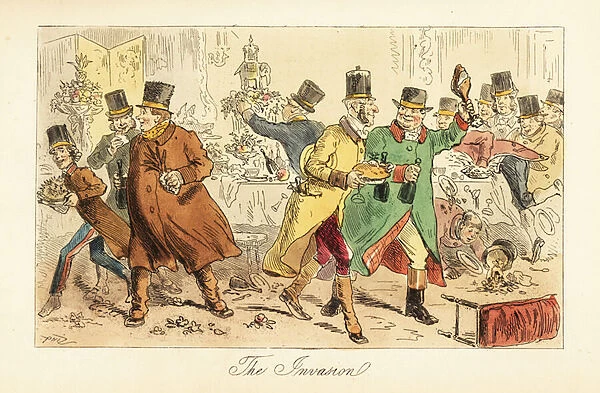 Servants, footmen and grooms in greatcoats invading the dining room, 19th century