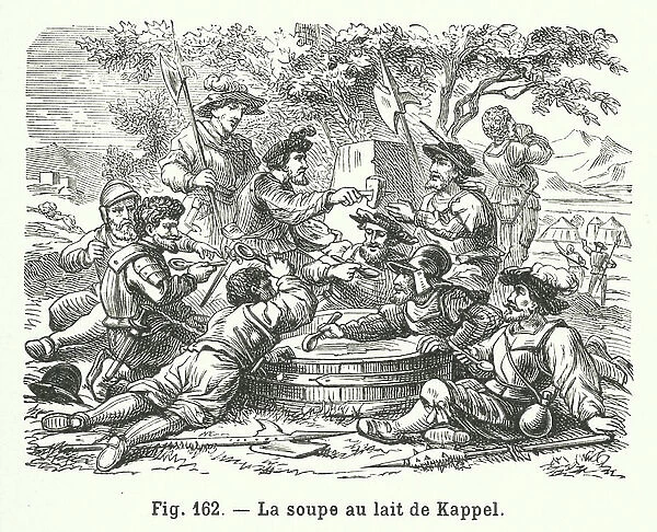 The sharing of the milchsuppe (milk soup), First War of Kappel, Switzerland, 1529 (engraving)