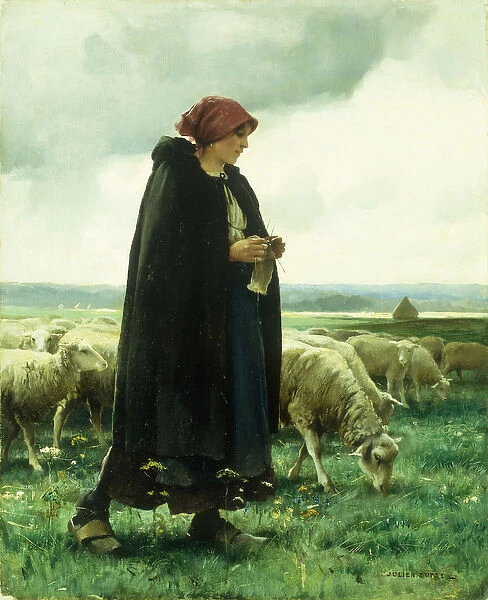 A Shepherdess with her flock (oil on canvas)