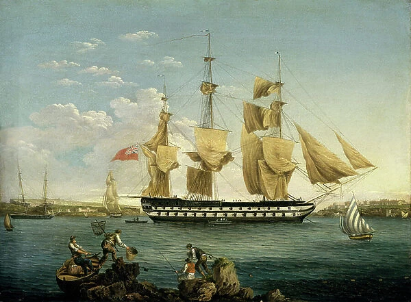 The ship HMS Duncan in Mahon (on the island of Menorca, Spain). Oil on wood, 1811-1837, by William Anderson (1757-1837)