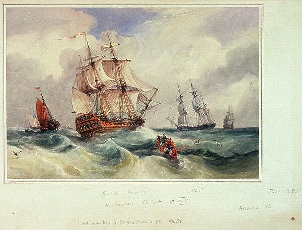 A ship lying to, c.1825 (watercolour)