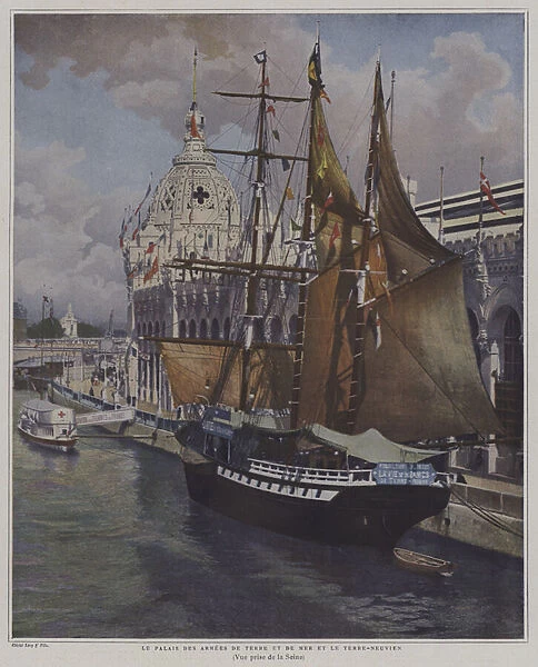 The ship Terre-Neuvien and the Palais des Armees de Terre et de Mer, Exposition Universelle 1900, Paris (colour photo)