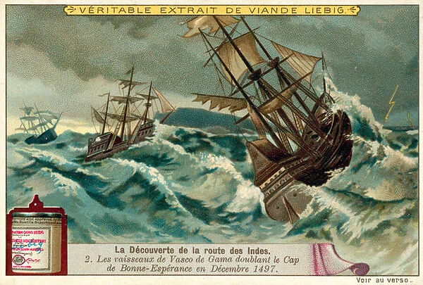 The ships of Vasco da Gama rounding the Cape of Good Hope, December 1497 (chromolitho)