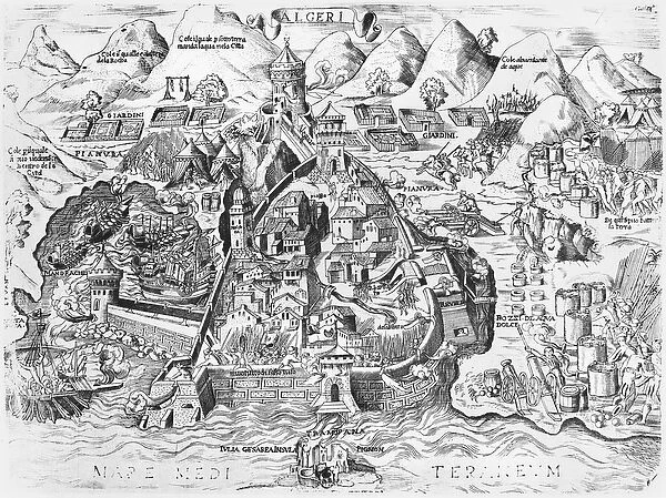 Siege of Algiers by Charles V (1500-58) in 1541 (engraving) (b  /  w photo)