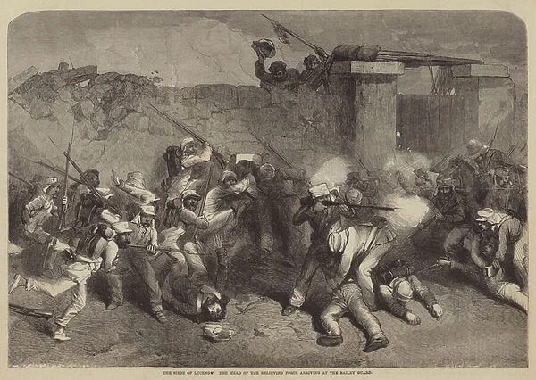 The Siege of Lucknow, the Head of the Relieving Force arriving at the Bailey Guard (engraving)