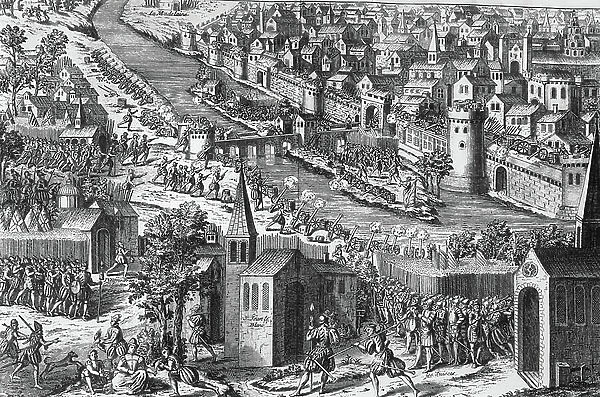 Siege of Orleans by the duke of Guise (catholic) in 1563 : war of religion between the catholics and the protestants in France, engraving