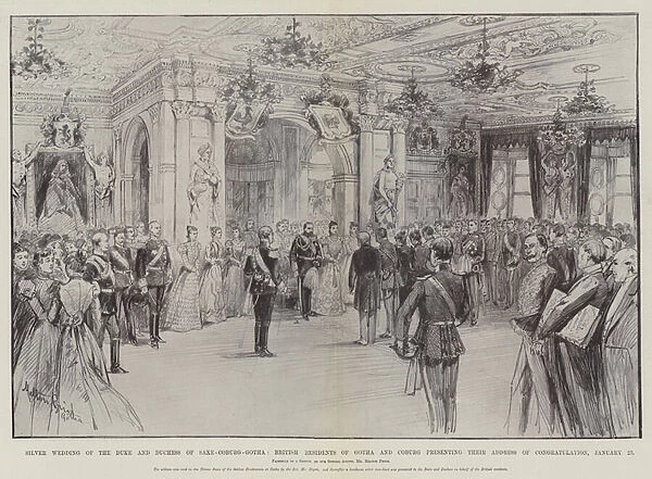 Silver Wedding of the Duke and Duchess of Saxe-Coburg-Gotha, British Residents of Gotha and Coburg presenting their Address of Congratulation, 23 January (litho)