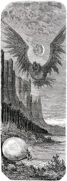 Sindbad the sailor (Sinbad) - tale of the thousand and one (1001) nights - illustration by Gustave Dore - edition Maxwell 1865 - Second voyage: Sindbad having discovered on an island a huge egg of the gigantic bird Roc is attacked by this giant bird