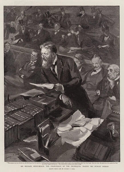 Sir Michael Hicks-Beach, the Chancellor of the Exchequer, making his Budget Speech (litho)