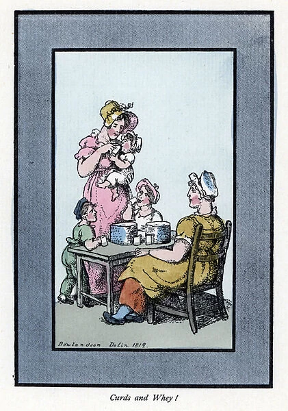 Sitting woman selling quail milk and milk has a mother and children (1819). Wood engraving, based on a painting by Thomas Rowlandson (1756-1827), published in The Cris of London: with six charming children and nearly 40 illustrations, by Andrew Tuer