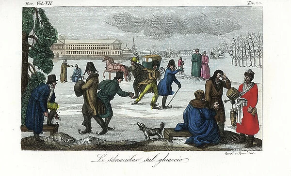 Skating on the ice in front of the Academy of Fine Arts, St. Petersburg. At right, two men buy hot drinks from a vendor with a barrel and cups. Handcoloured copperplate engraving by Giarre and Stanghi from Giulio Ferrario's Costumes Ancient