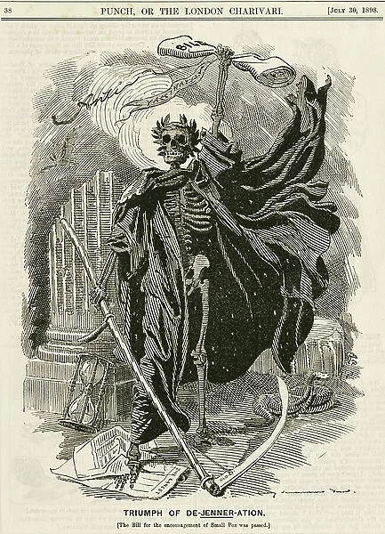 Skeleton with scythe (vaccination). 19th century (engraving)