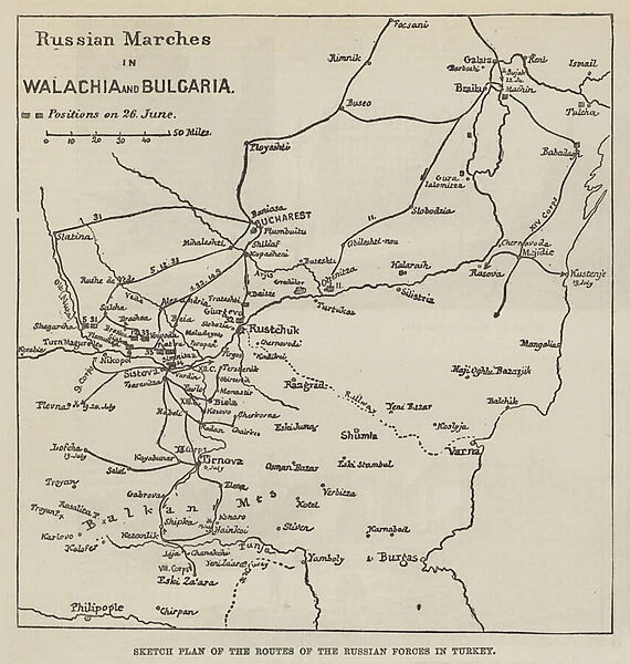 Sketch Plan of the Routes of the Russian Forces in Turkey (engraving)