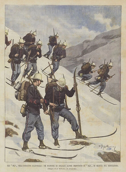 SKJs in the National Army, a Platoon of Alpine Soldiers with SKJs Marching on Mont Cenis (Colour Litho)
