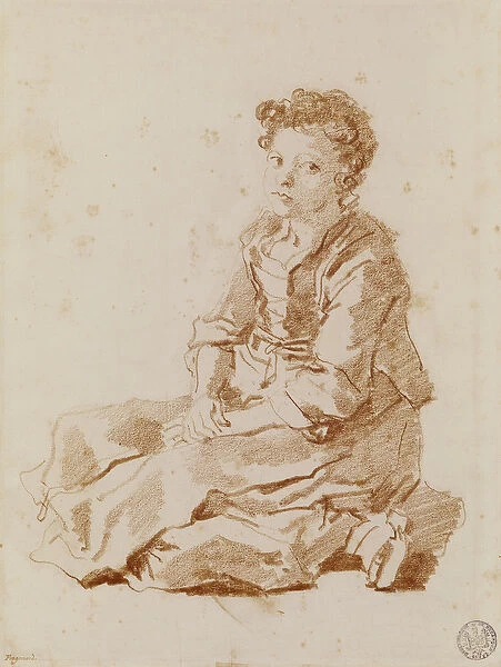 Small girl sitting on the ground (red chalk on paper)