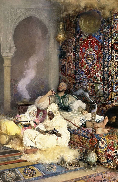 Smoking the Hookah, 1880 (pencil and watercolour on paper laid down on card)