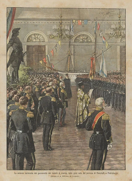 The solemn ceremony of the oath of the naval cadets, in the grand hall of the Peterhoff Palace, in Petersburg (colour litho)