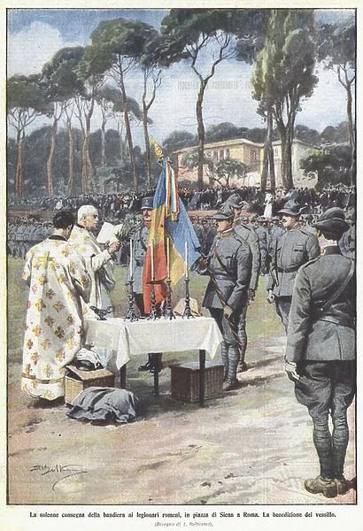 The solemn delivery of the flag to the Romanian legionaries, in Piazza di Siena in Rome (colour litho)