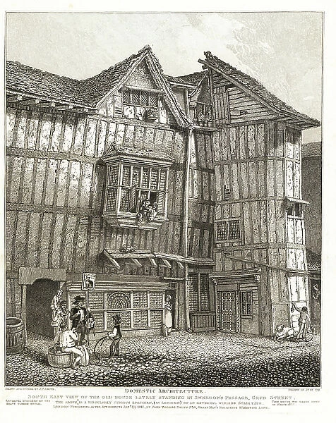 South-east view of an old 15th-century Tudor house in Sweedon's Passage, Grub Street, 1791. Formerly inhabited by Sir Richard Whittington and Sir Thomas Gresham. Ballad singer Joseph Clinch with woodcut of Whittington's cat