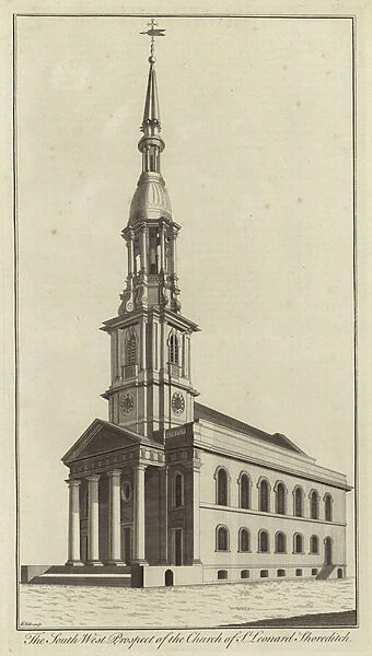 The South West Prospect of the Church of St Leonard, Shoreditch (engraving)