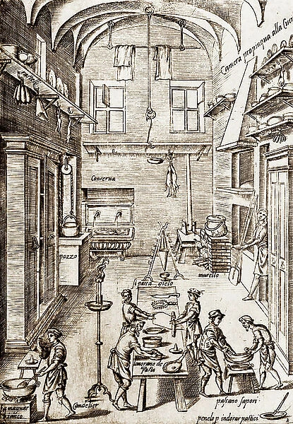 Spacious kitchen with cooks, 1574