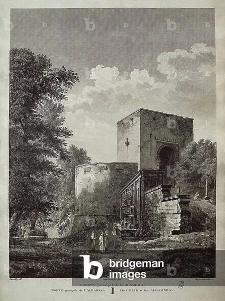 Spain (19th c.). Granada. Main gate of the Alhambra. Etching. SPAIN. MADRID (AUTONOMOUS COMMUNITY). Madrid. National Library