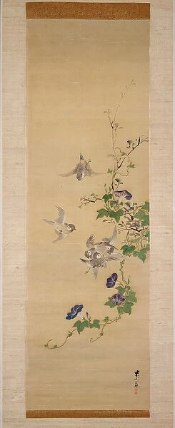 Sparrows and morning glory (ink and colours on silk)