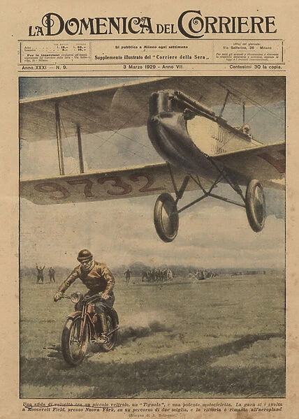 A speed challenge between a small aircraft, a Tignola, and a powerful motorcycle (colour litho)