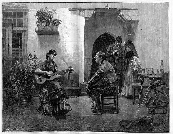 Under the spell: a man listering with admiration a young Spanish girl playing the guitar