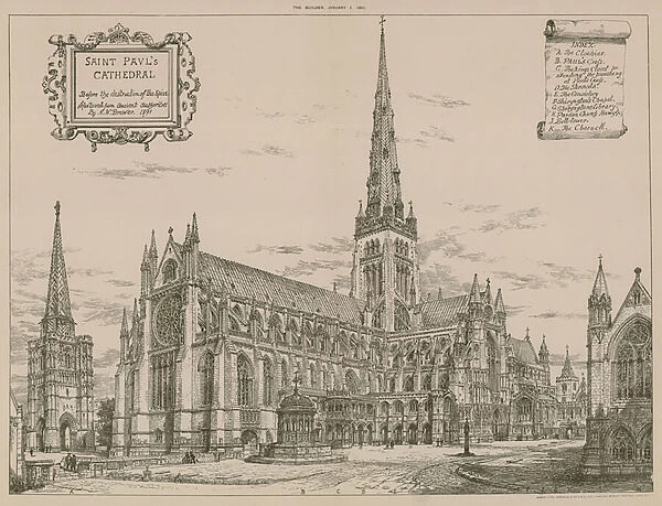 St Pauls Cathedral, London, before the destruction of the spire (engraving)