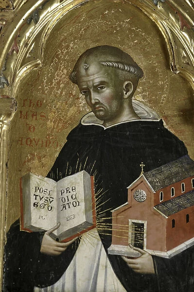 St. Thomas Aquinas holding a church in one hand and a book in the other one, detail of 1630085 Polyptych with Saints, 1358