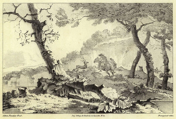 Stag hunting scene (litho)