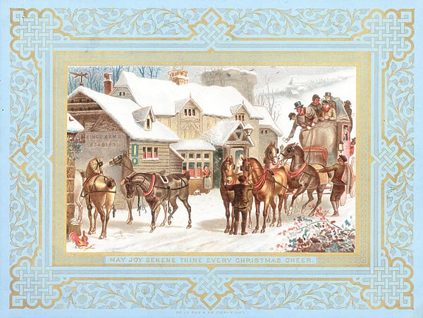 Stagecoach and Horses outside Public House, Christmas Card (chromolitho)