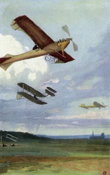 Start of aviation: airplanes in flight during an air meeting held in Reims (Marne) during the Aviation Week in 1909. Colouring reproduction (Halftone) of an illustration
