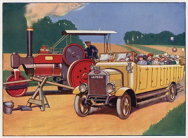Steam-roller and char-a-banc (colour litho)