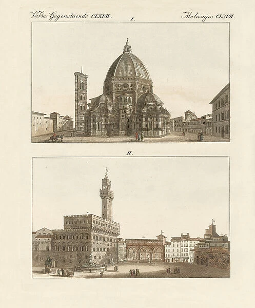 Strange buildings in Florence (coloured engraving)