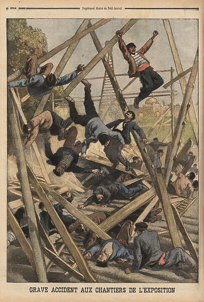 The structure of the Armees Pavilion, under construction, of the World Exhibition collapses, causing the fall of about 30 men. Engraving in 'Le petit journal'29  /  9  /  1899. Selva Collection