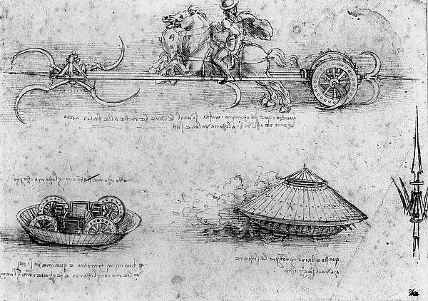 Studies of military tank-like machines; including one at the top with horses pulling a